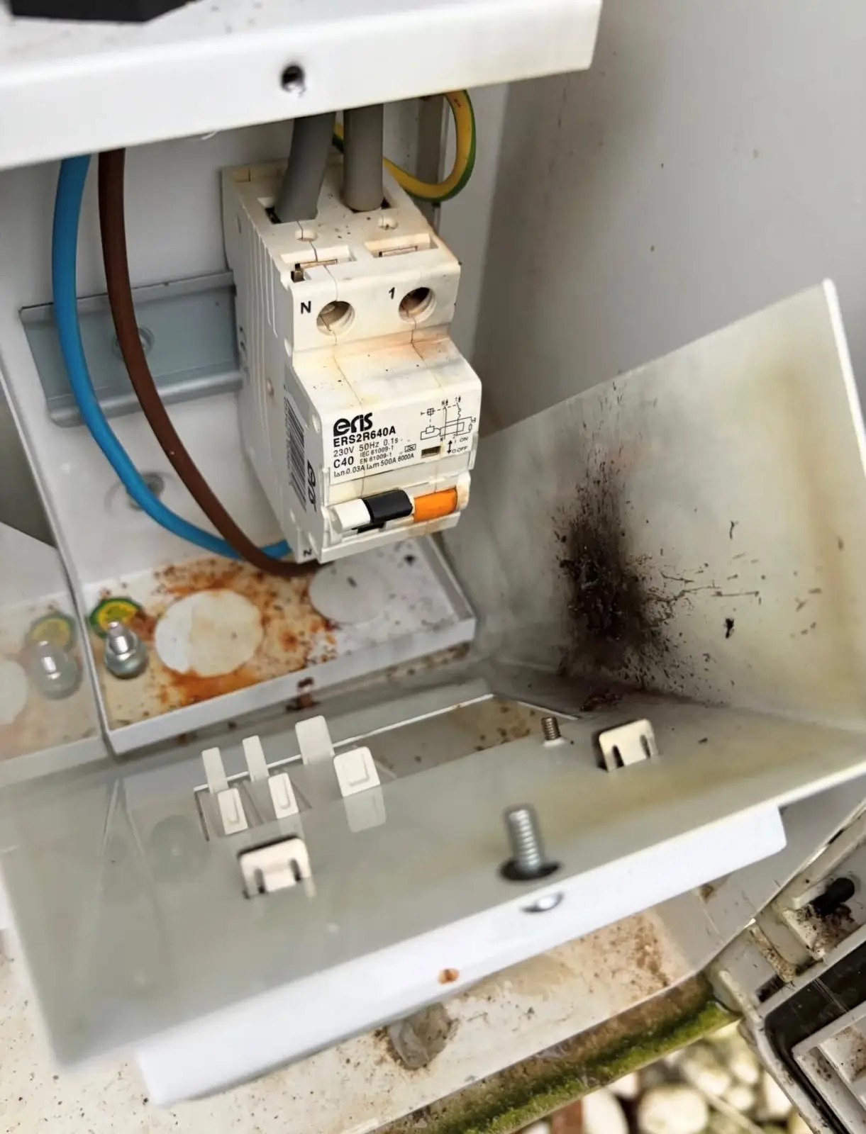 Fault on an RCD resulting in thermal damage and a water ingress issue, found during an EICR by Bring it Ohm Electrical Solutions