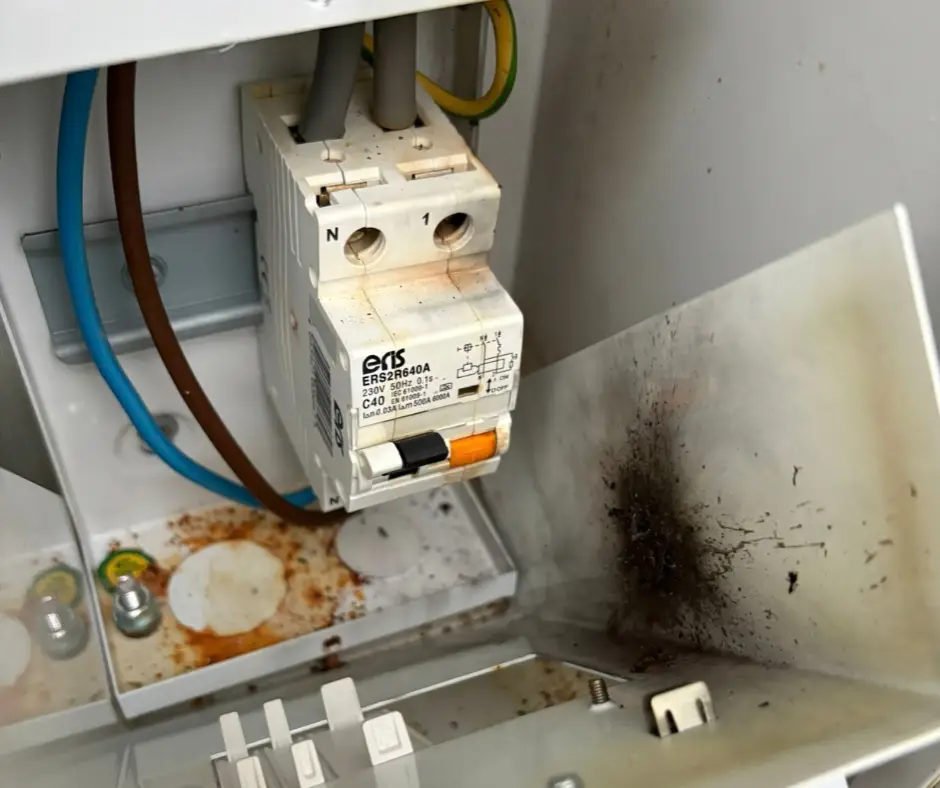 Water damaged electrical equipment supplying an EV charger in an outside meter cabinet
