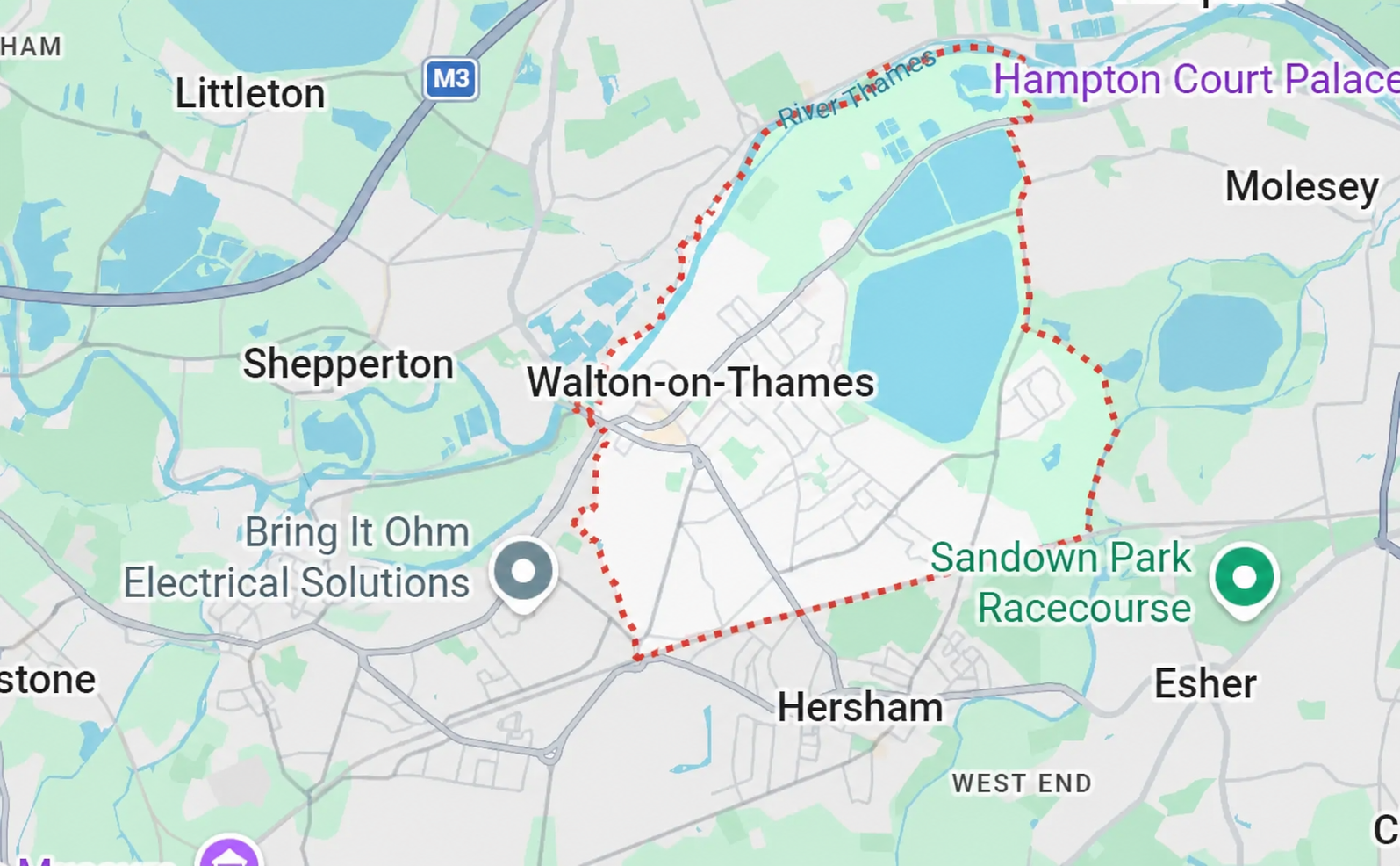 Map of Walton-on-Thames and the surrounding areas covered